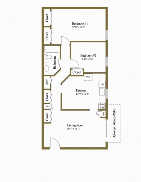 Floor plan for 2 beds, 1 bath, 967 sqft